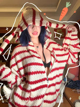 Japanese Y2k Hooded Cardigan 2000s Aesthetics Rabbit Ears Zipper Knitwear Vintage Harajuku Red Stripe Sweater Grunge